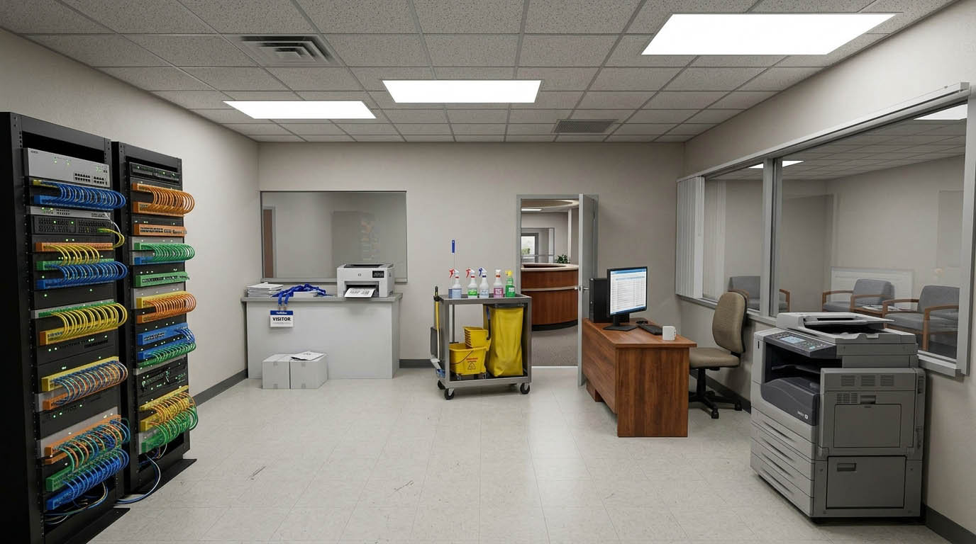 Photorealistic server room generated from the 3D layout